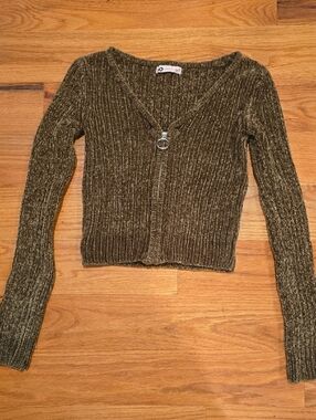 SO Olive Ribbed V-Neck Zip-Front Sweater